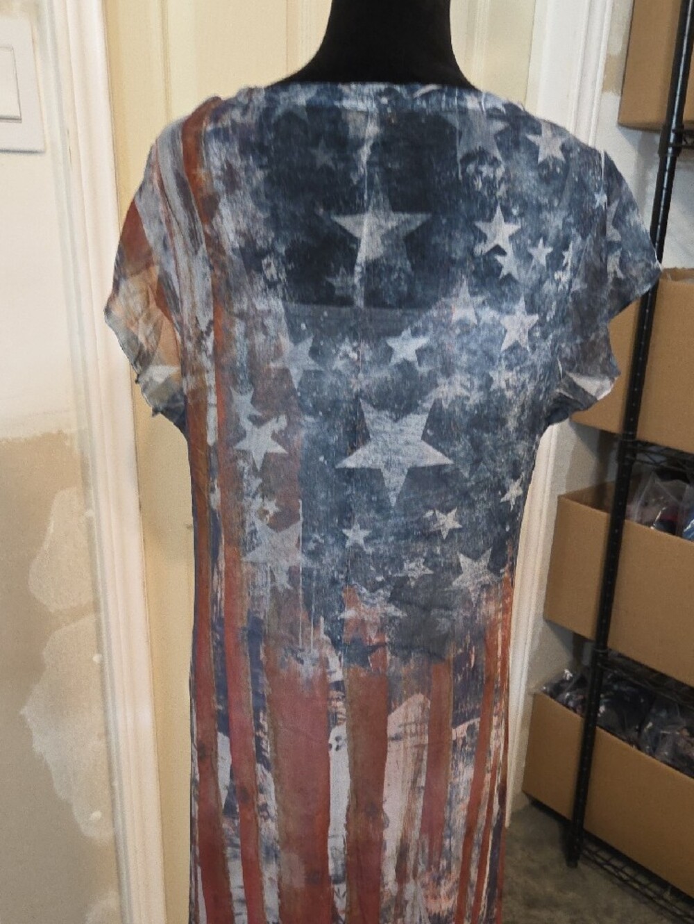 Patriotic America Maxi Dress Red White Blue Rhinestone Star V-Neck Ruffled Hem - Picture 4 of 11